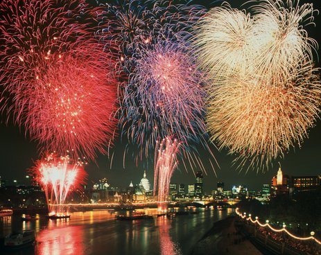 England, London, fireworks over river Thames